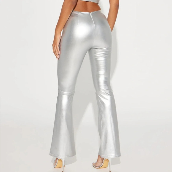 NWT Fashion NOVA Silver Faux Leather Flare Silver Pants w/ Rhinestone Crosses - Picture 6 of 16